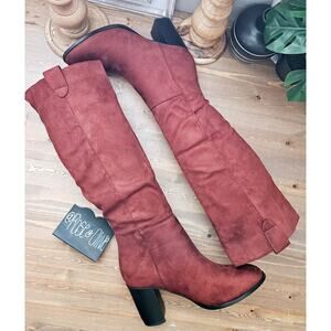Vegan Suede Brownish Red Knee High Block Heel Boots